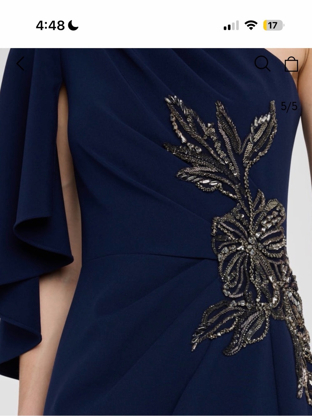 Theia Navy One-Shoulder Evening Dress with Beaded Floral Detail